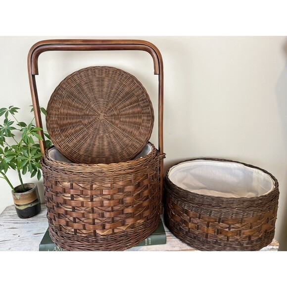 Vintage 2-Tier Chinese Asian Wedding Basket Woven Wicker Rattan Bamboo/Cane Boho - Picture 5 of 12